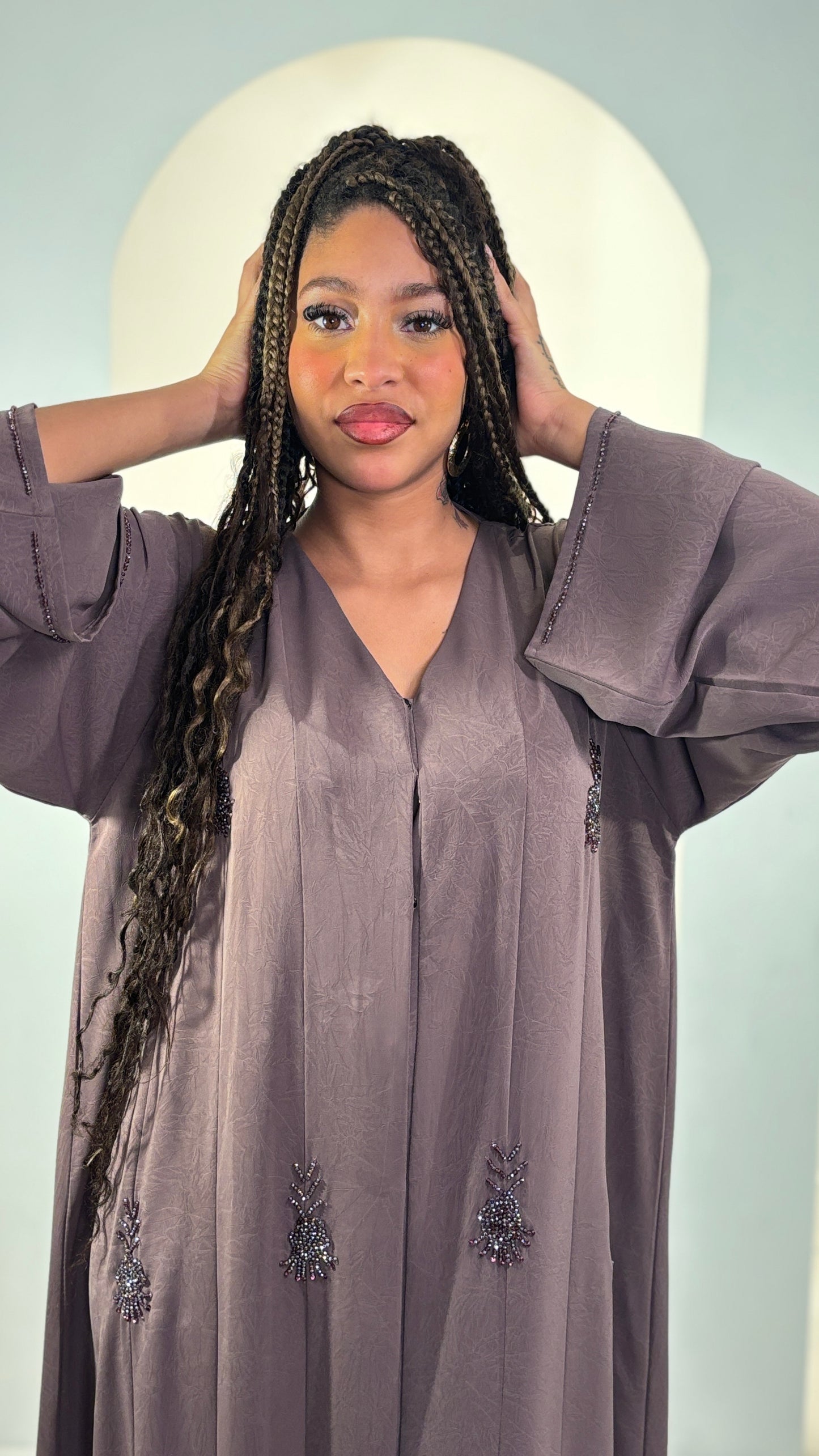 Sophisticated Rose Taupe Korean Fukha Abaya: Delicate Hand-Beaded Accents & Elegant Textured Finish