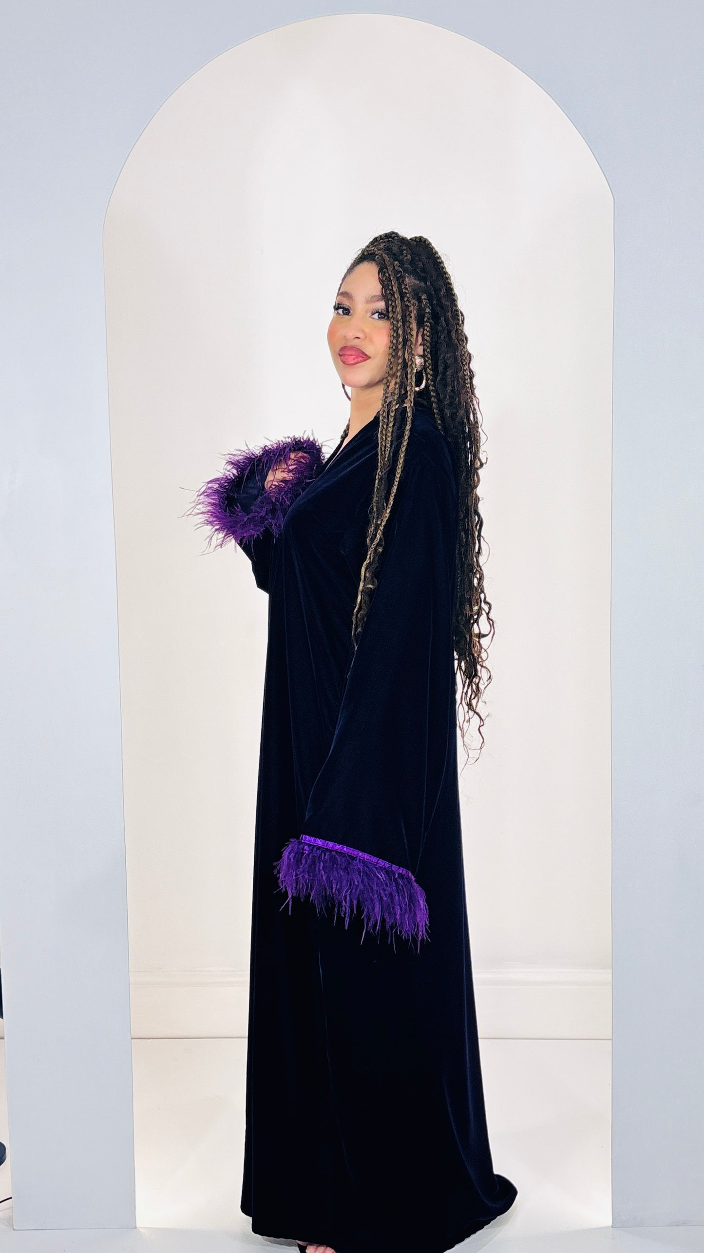 Luxurious Midnight Velvet Abaya with Royal Purple Ostrich Feather Trim