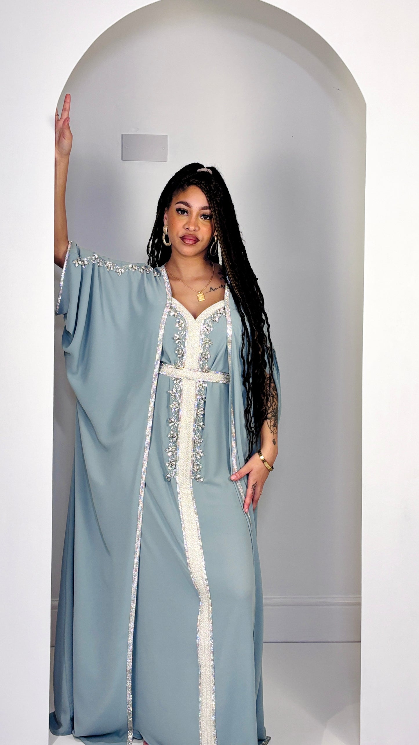Celestial Sage Hand-Embellished two-piece Butterfly Moroccan dress