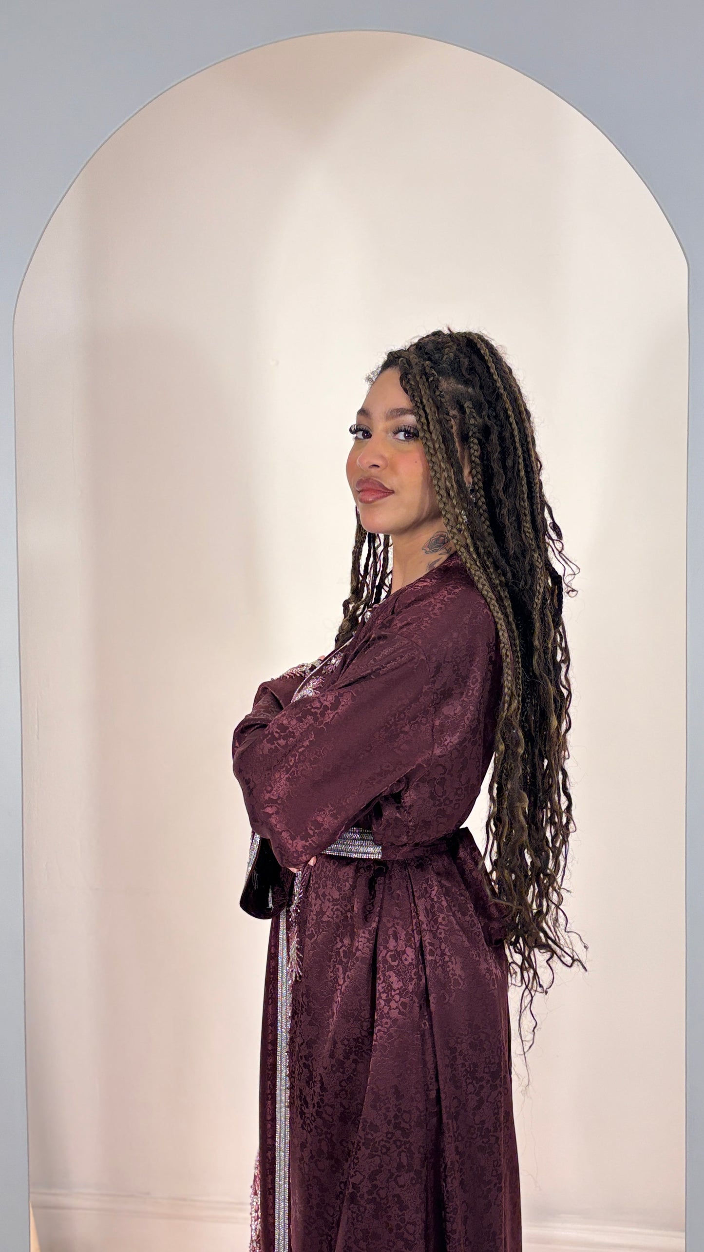 Opulent handwork Burgundy Printed Satin Kaftan
