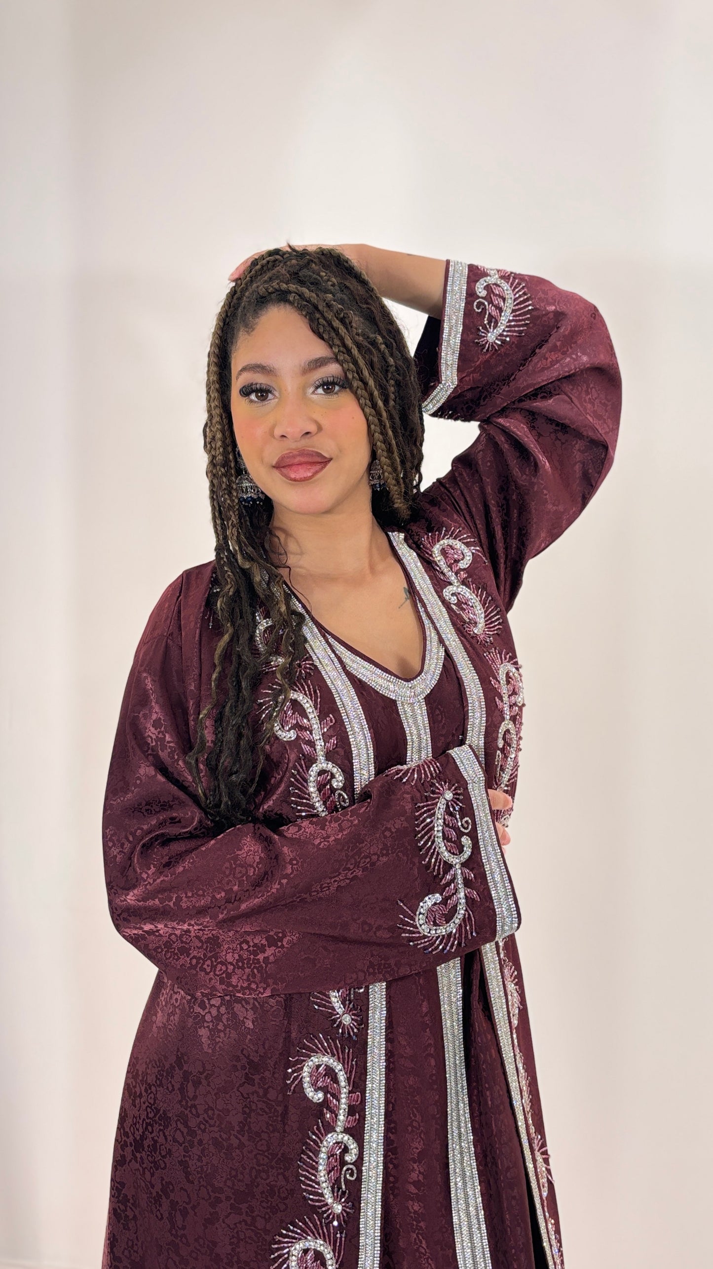 Opulent handwork Burgundy Printed Satin Kaftan