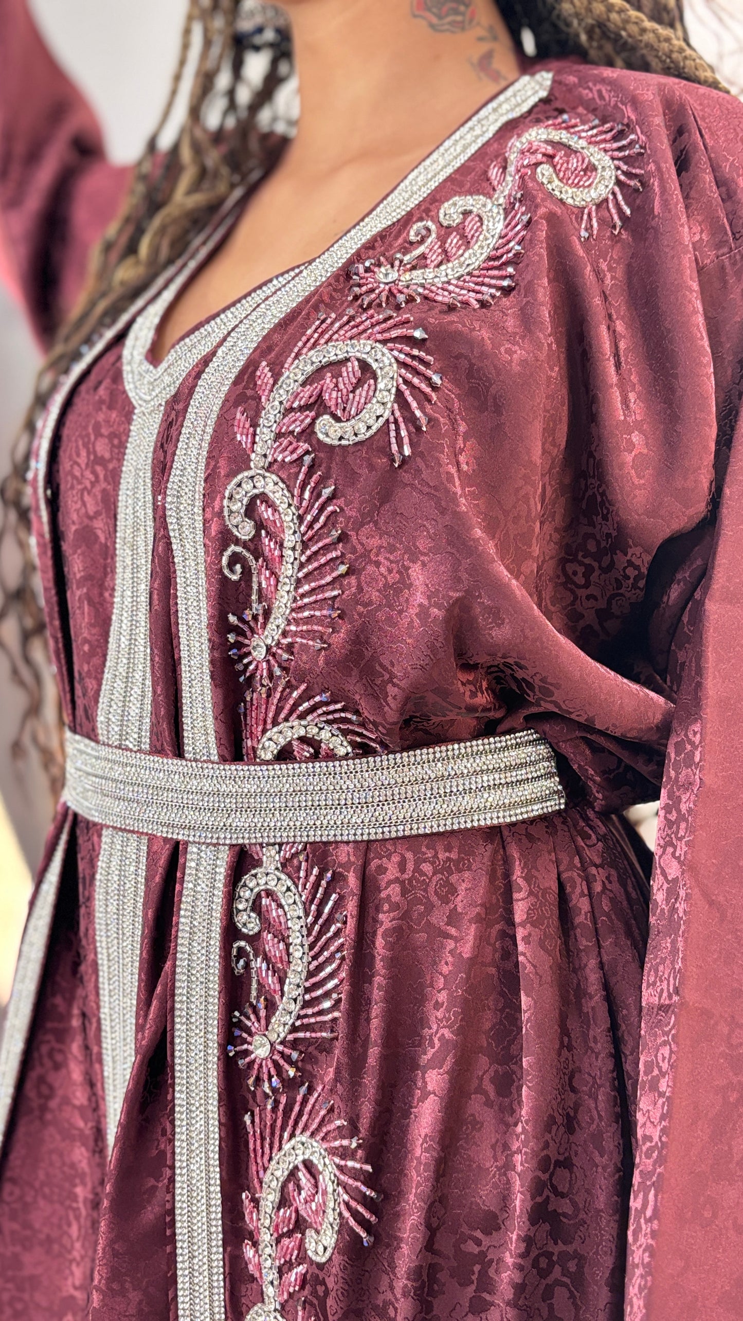 Opulent handwork Burgundy Printed Satin Kaftan