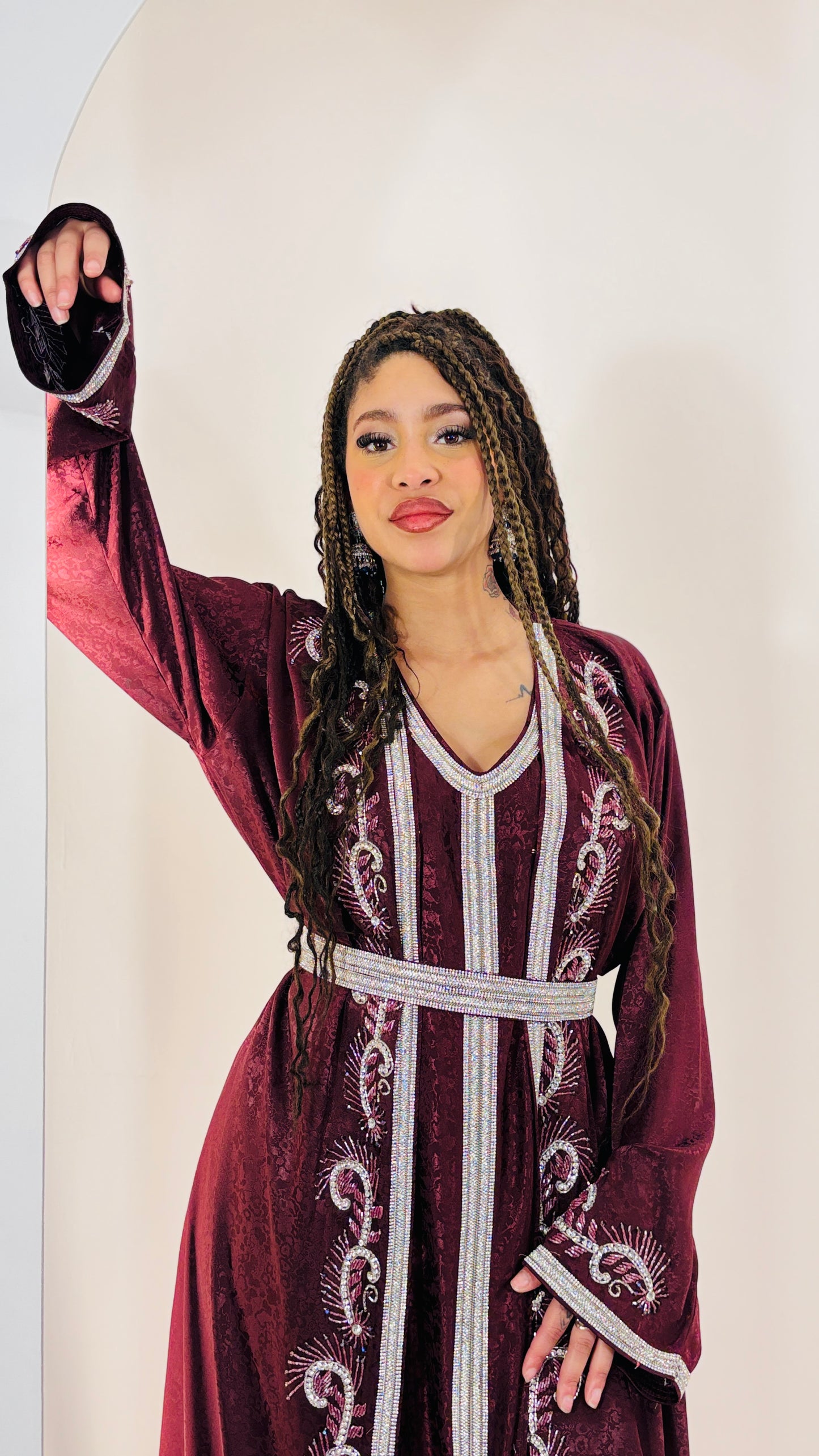 Opulent handwork Burgundy Printed Satin Kaftan