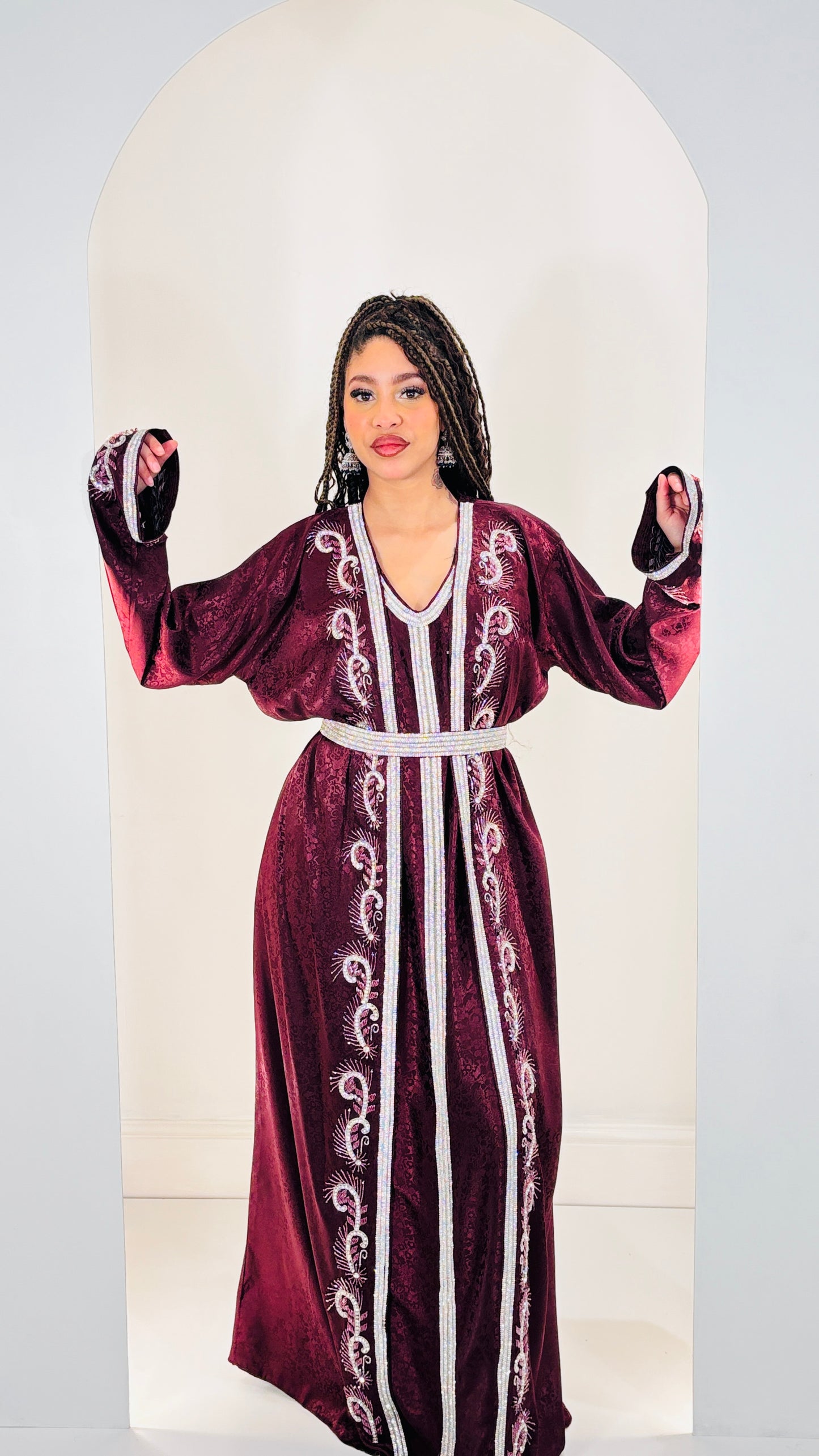 Opulent handwork Burgundy Printed Satin Kaftan