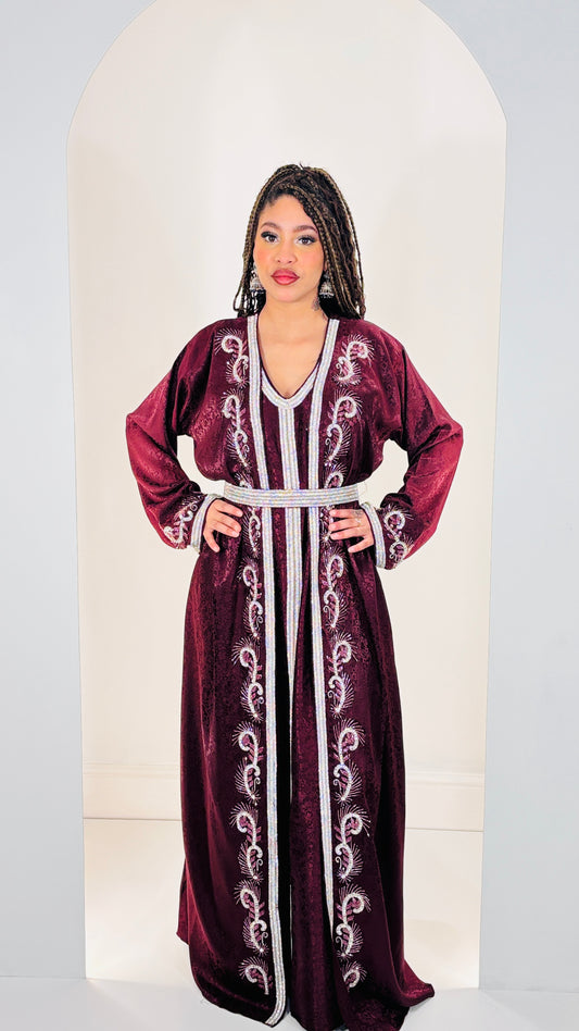 Opulent handwork Burgundy Printed Satin Kaftan