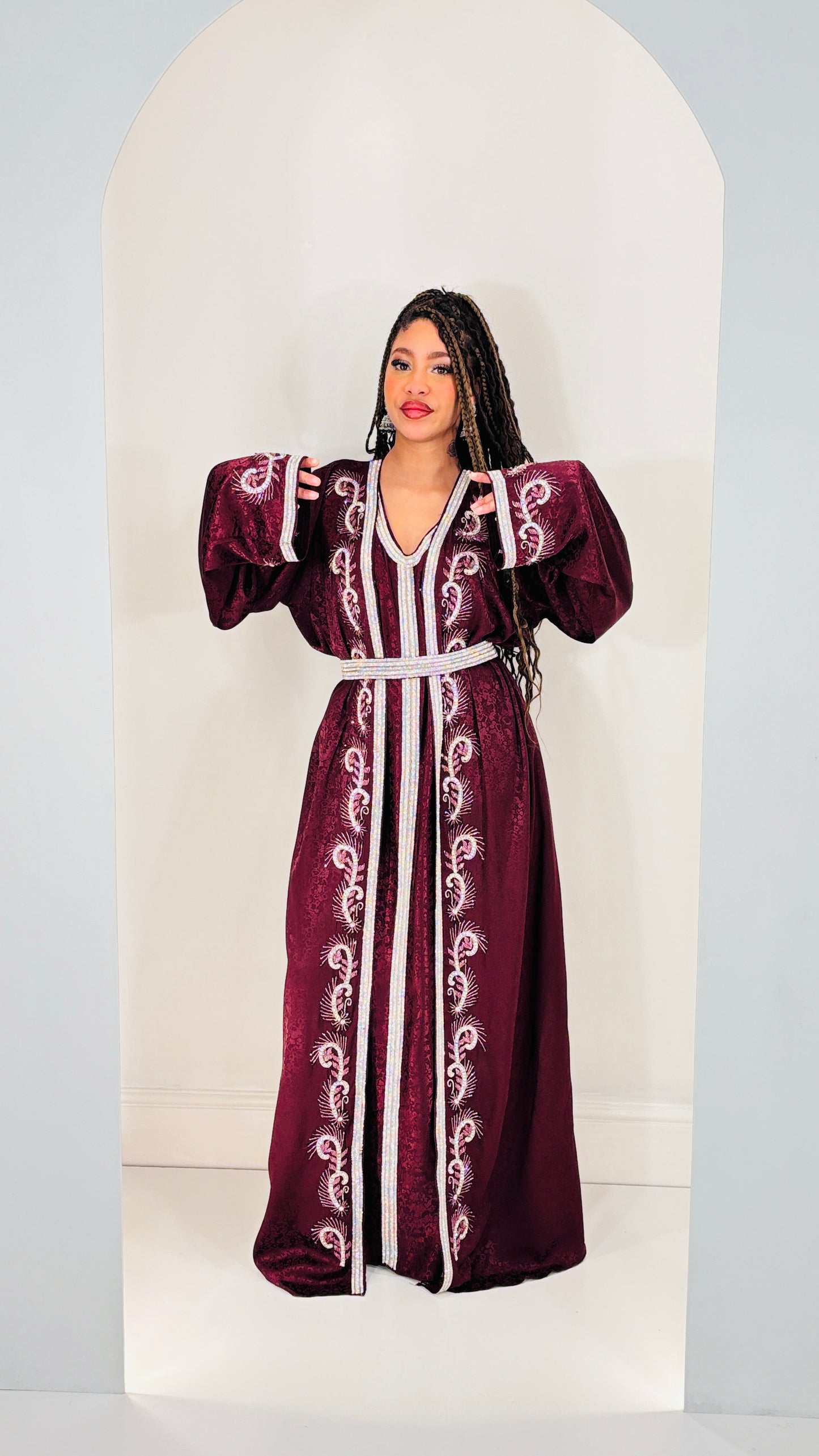 Opulent handwork Burgundy Printed Satin Kaftan