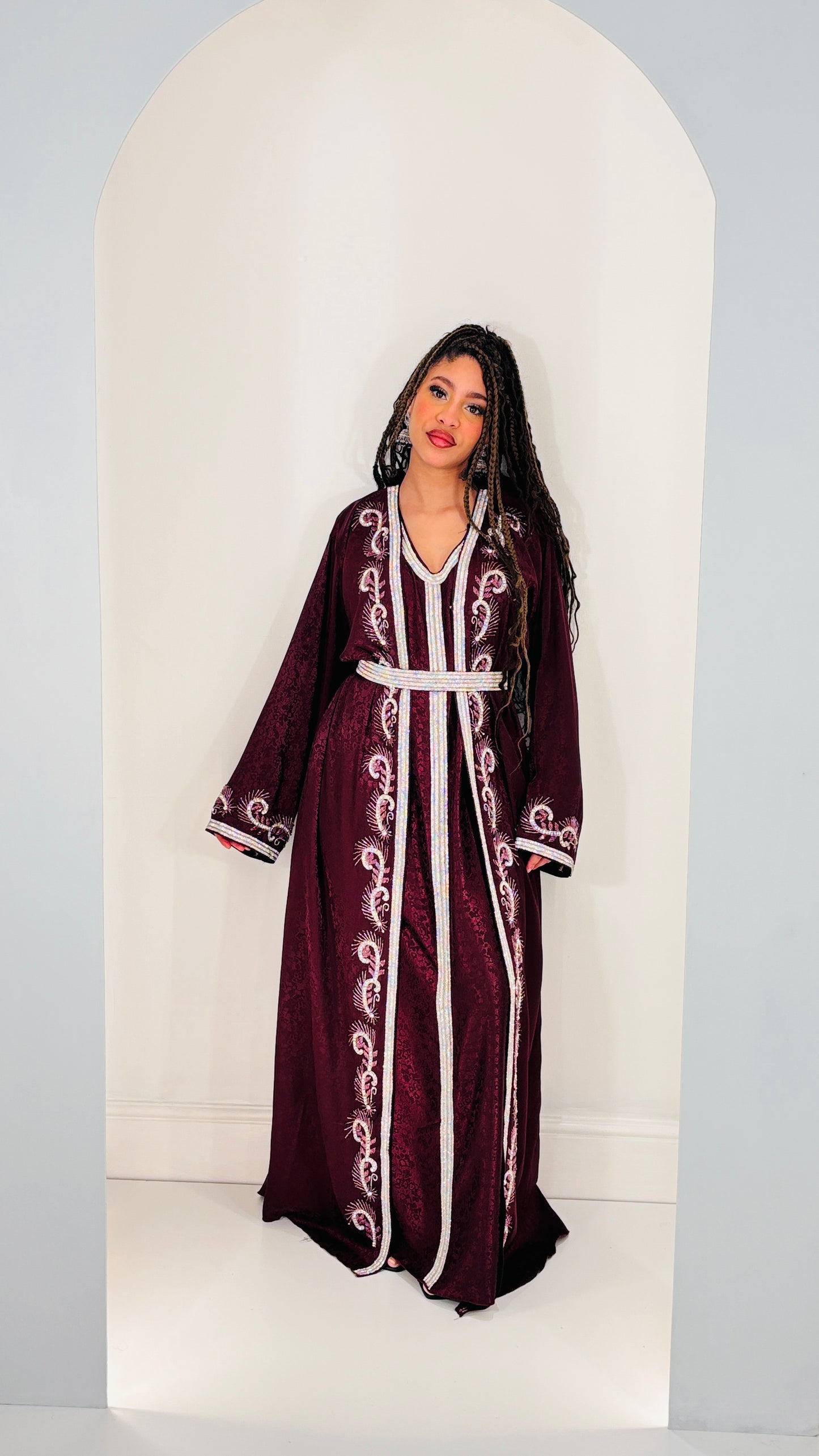 Opulent handwork Burgundy Printed Satin Kaftan