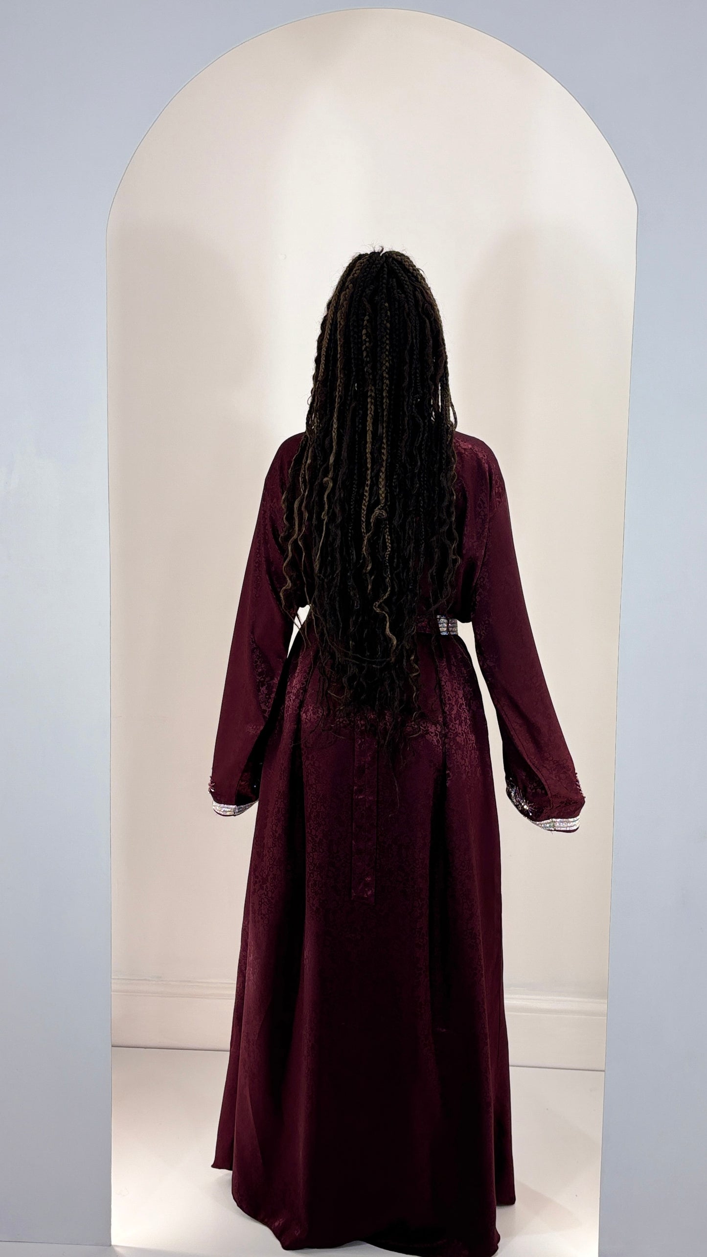 Opulent handwork Burgundy Printed Satin Kaftan