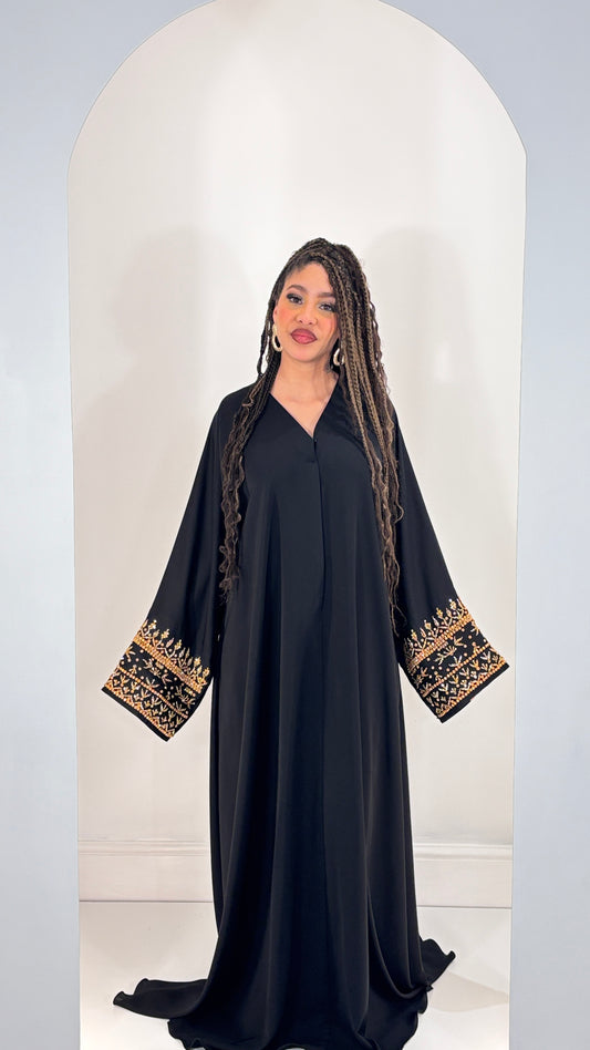 Sophisticated Black Abaya with Hand-Stitched Gold Embroidery
