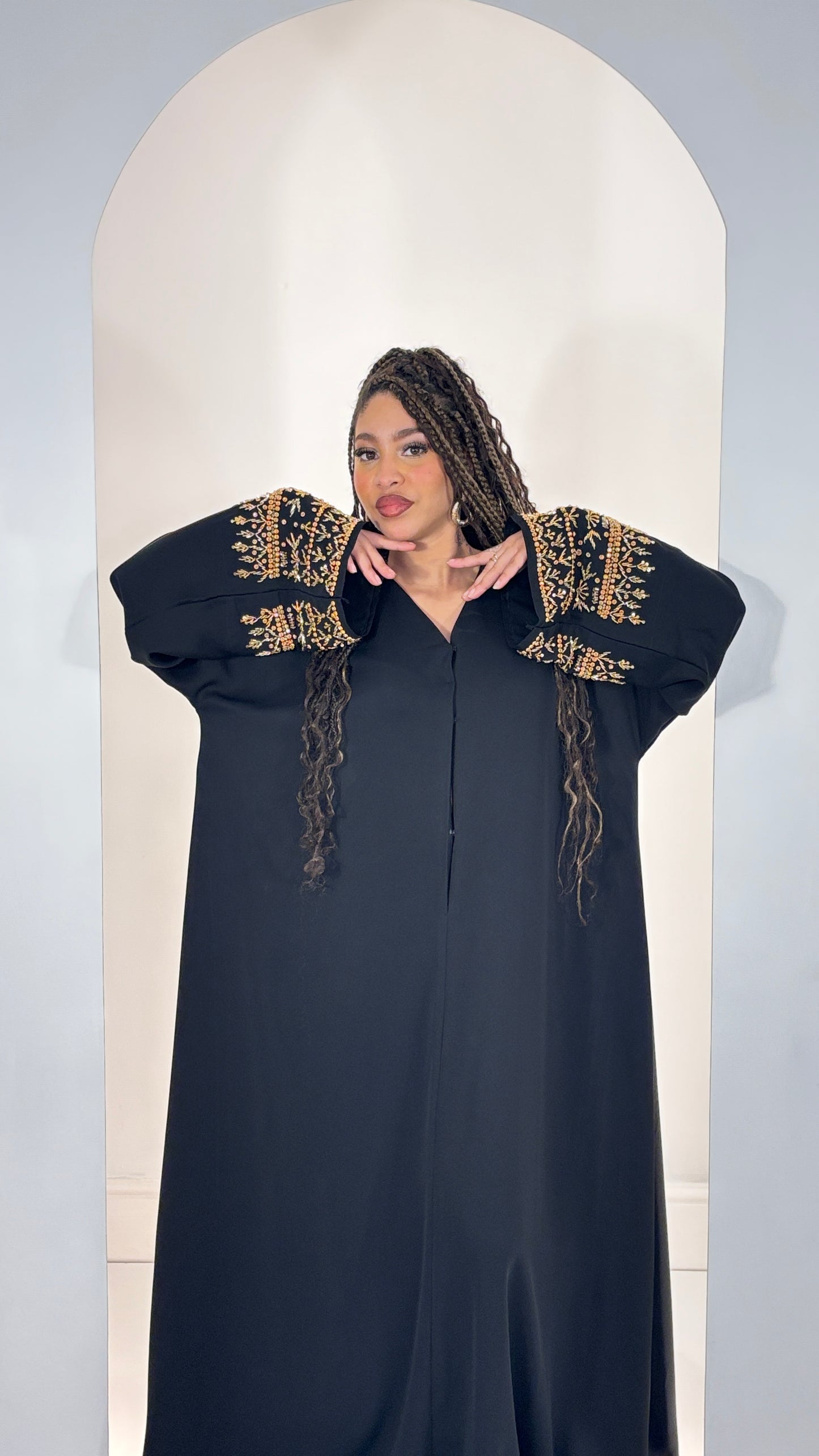 Sophisticated Black Abaya with Hand-Stitched Gold Embroidery