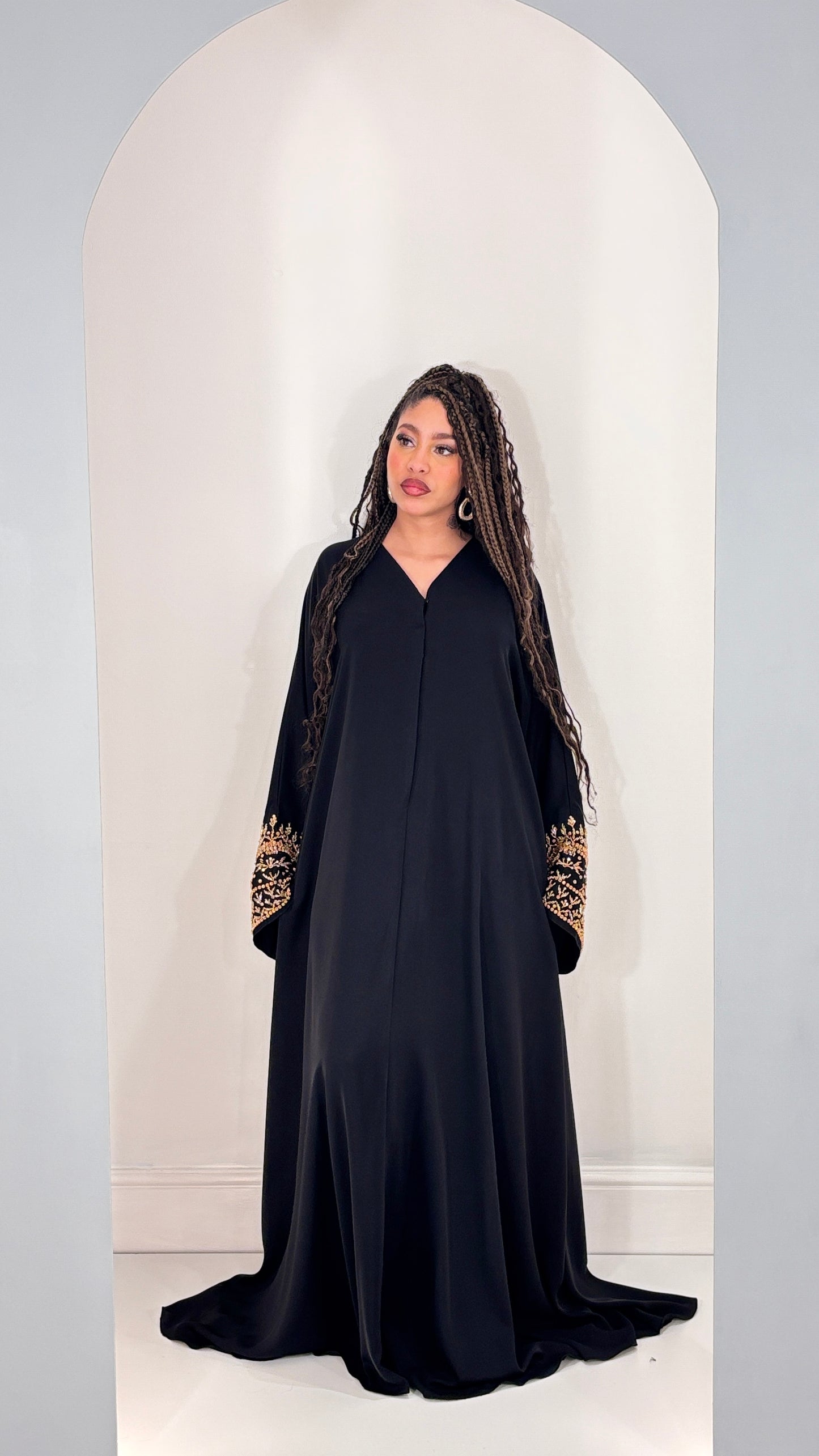 Sophisticated Black Abaya with Hand-Stitched Gold Embroidery