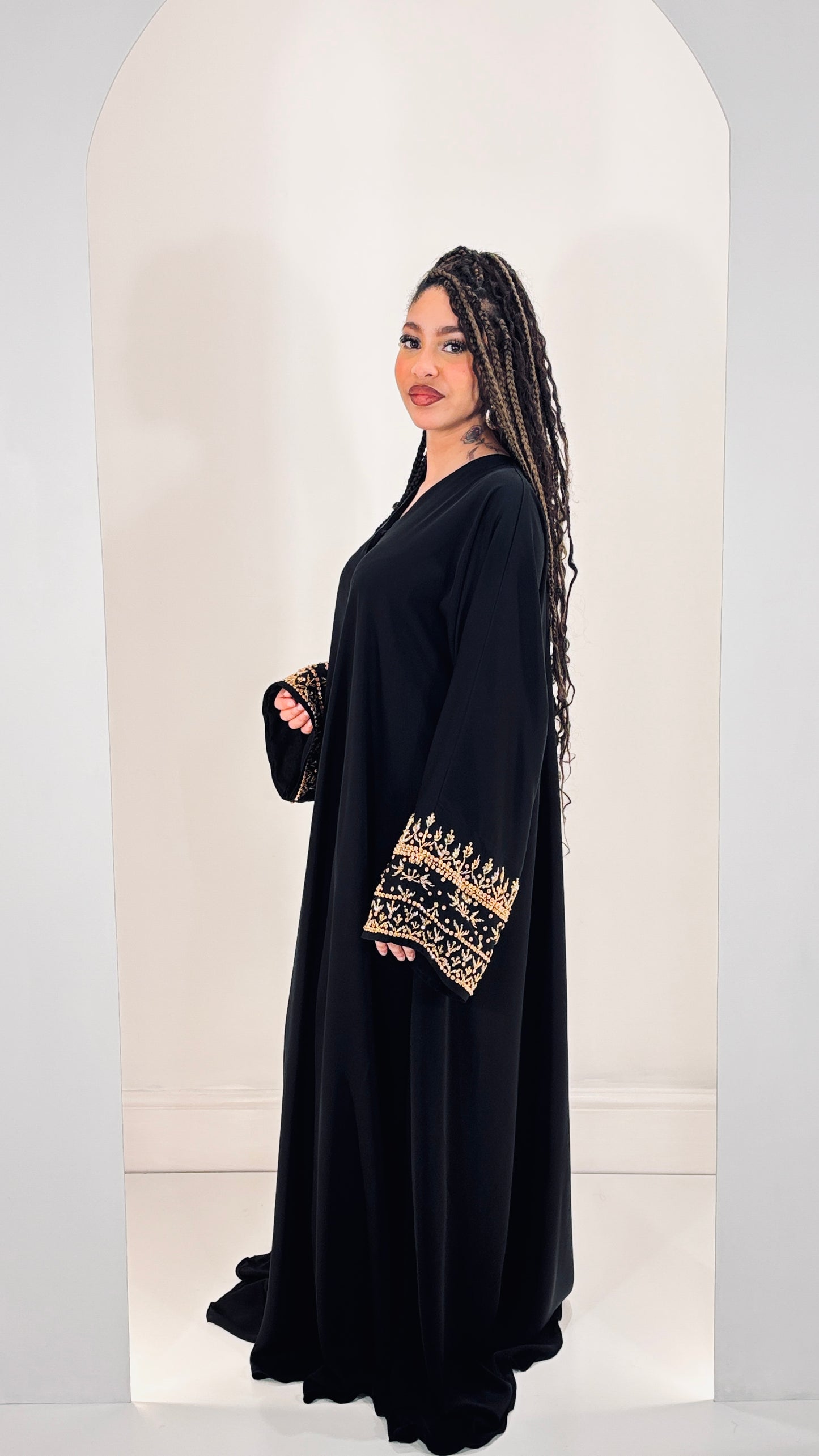 Sophisticated Black Abaya with Hand-Stitched Gold Embroidery