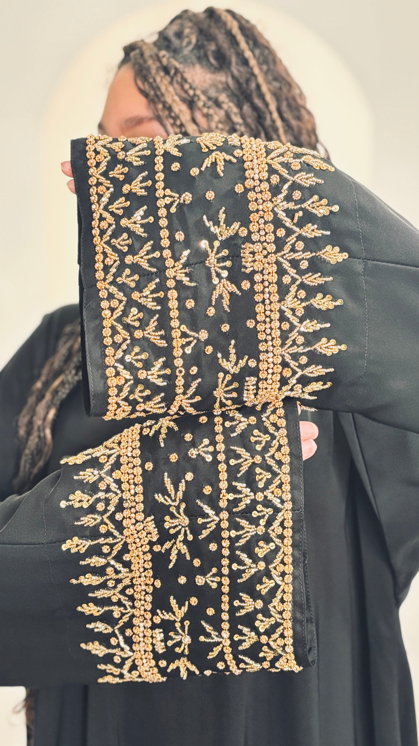 Sophisticated Black Abaya with Hand-Stitched Gold Embroidery