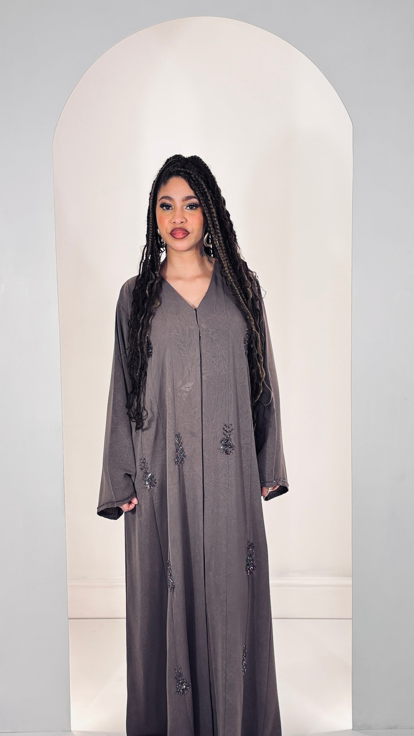 Sophisticated Rose Taupe Korean Fukha Abaya: Delicate Hand-Beaded Accents & Elegant Textured Finish