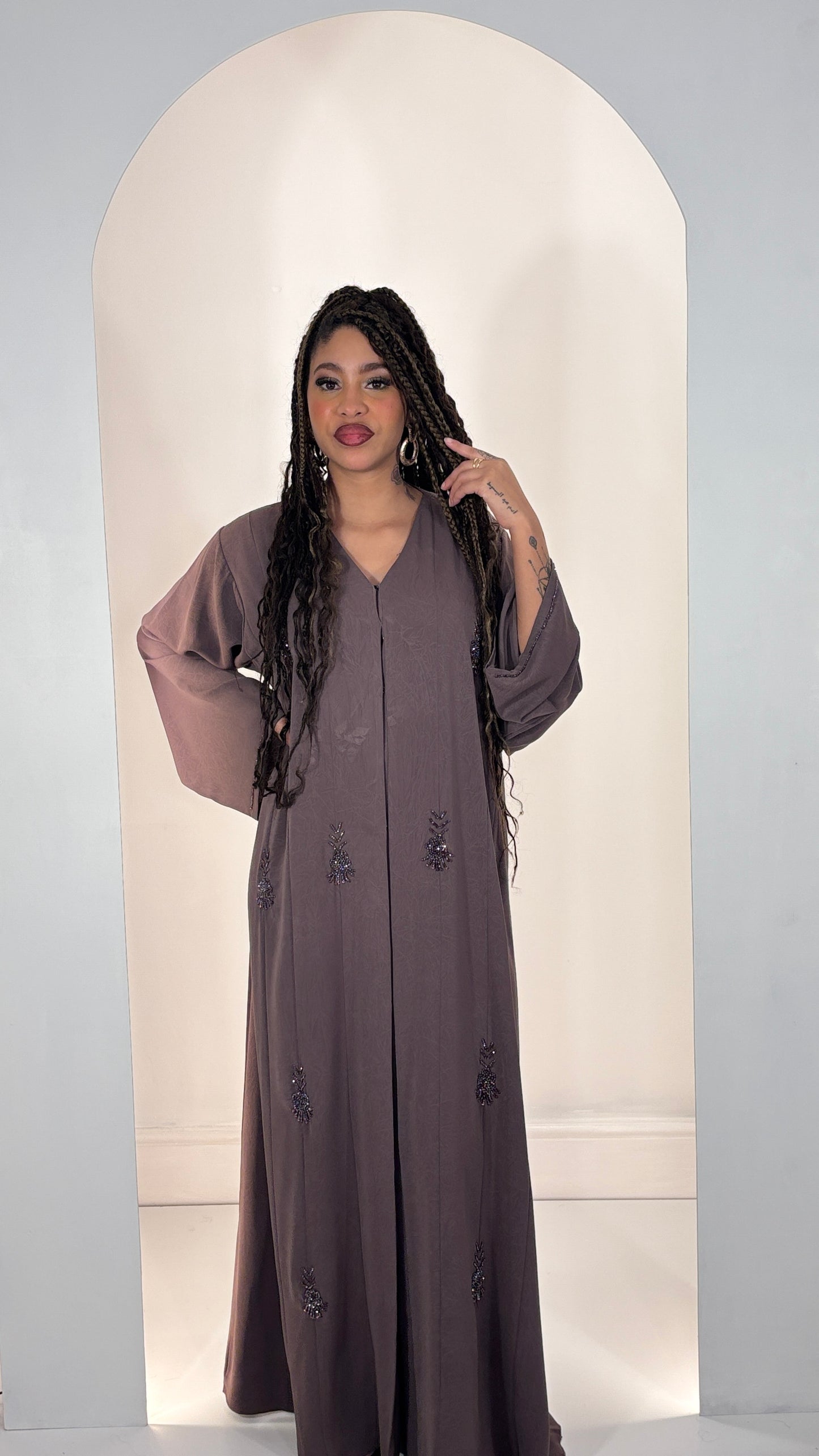 Sophisticated Rose Taupe Korean Fukha Abaya: Delicate Hand-Beaded Accents & Elegant Textured Finish