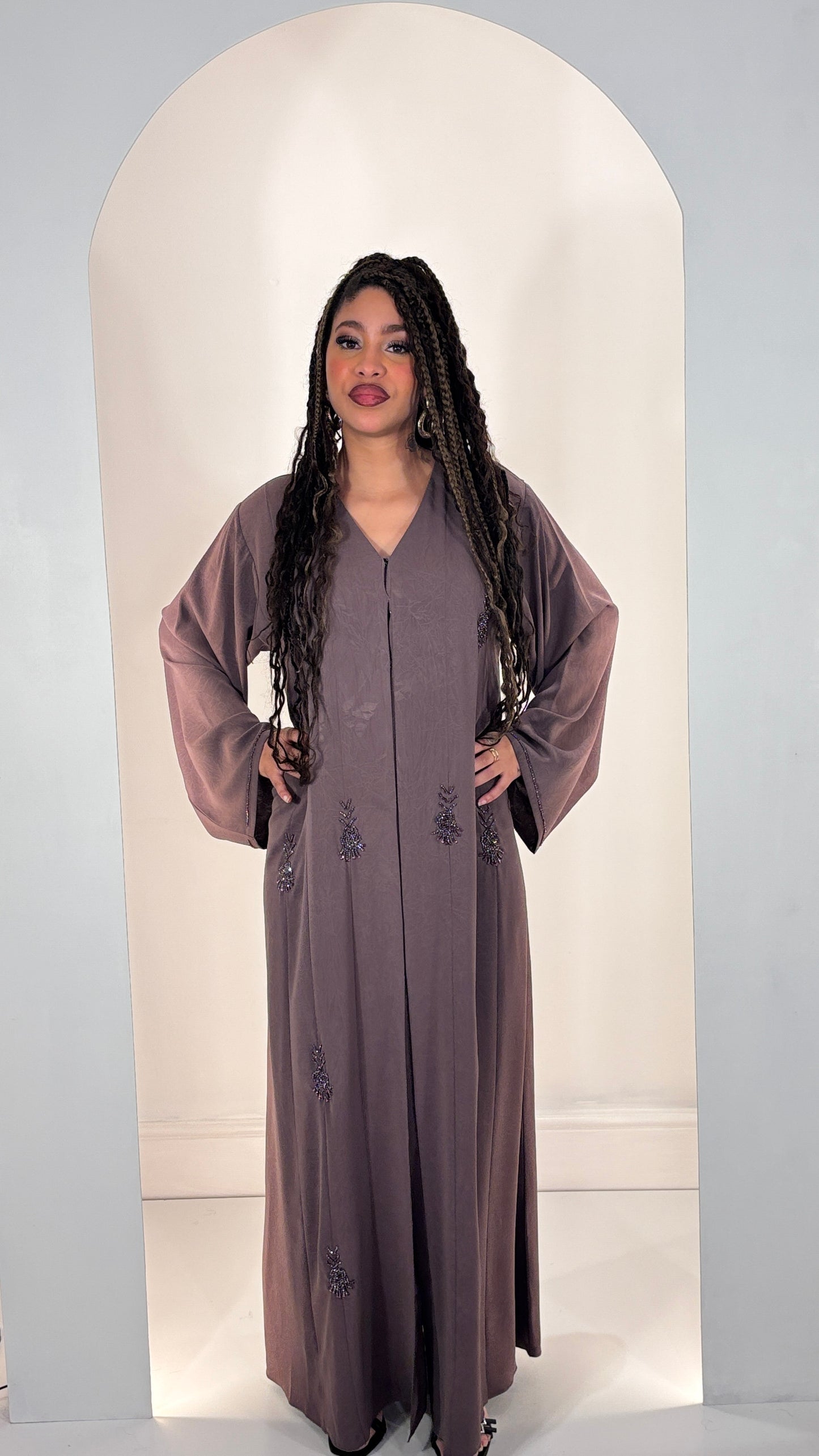 Sophisticated Rose Taupe Korean Fukha Abaya: Delicate Hand-Beaded Accents & Elegant Textured Finish