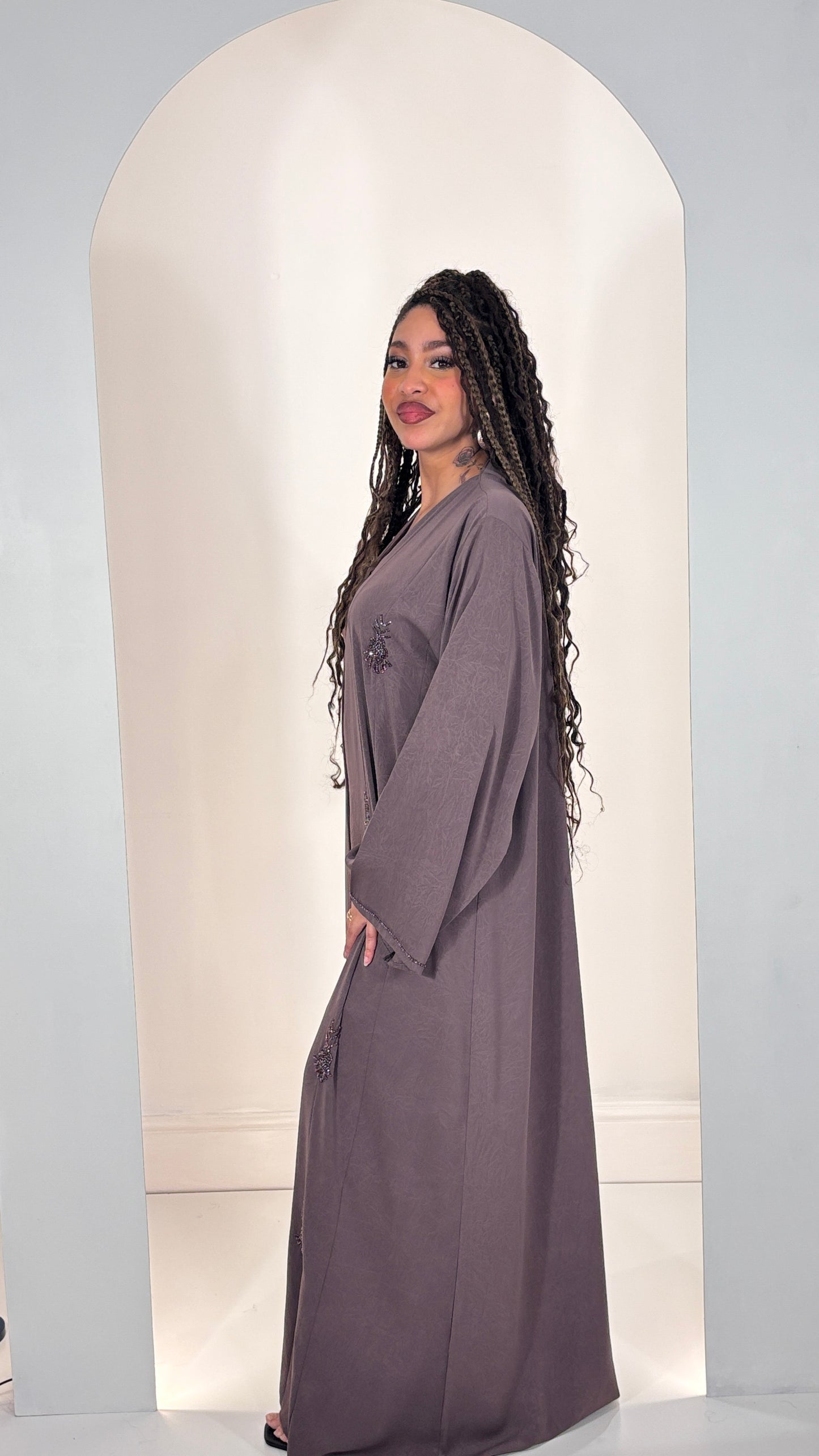 Sophisticated Rose Taupe Korean Fukha Abaya: Delicate Hand-Beaded Accents & Elegant Textured Finish
