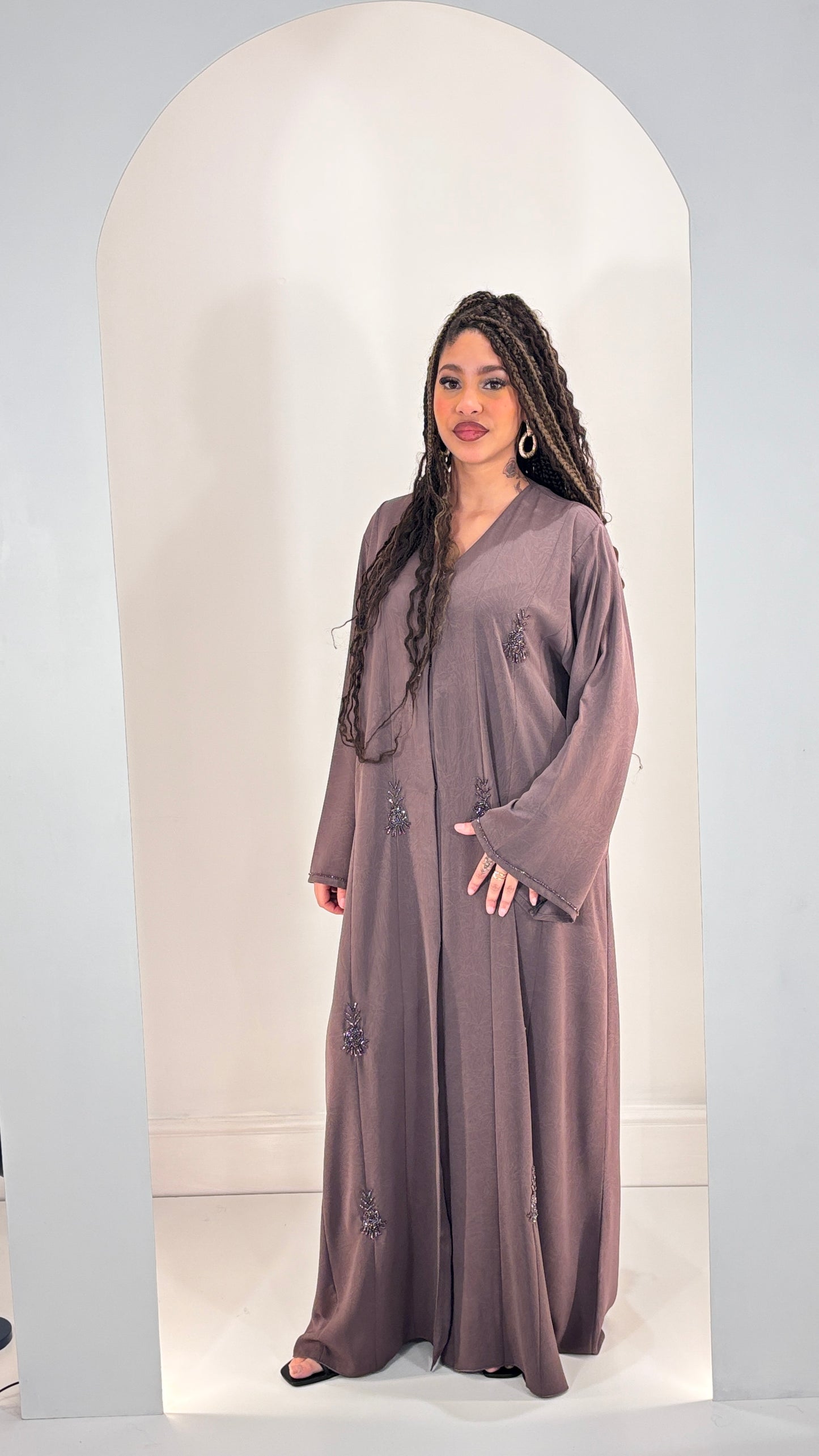 Sophisticated Rose Taupe Korean Fukha Abaya: Delicate Hand-Beaded Accents & Elegant Textured Finish