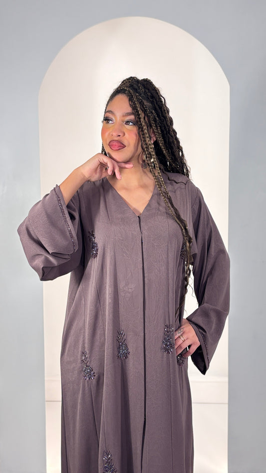 Sophisticated Rose Taupe Korean Fukha Abaya: Delicate Hand-Beaded Accents & Elegant Textured Finish