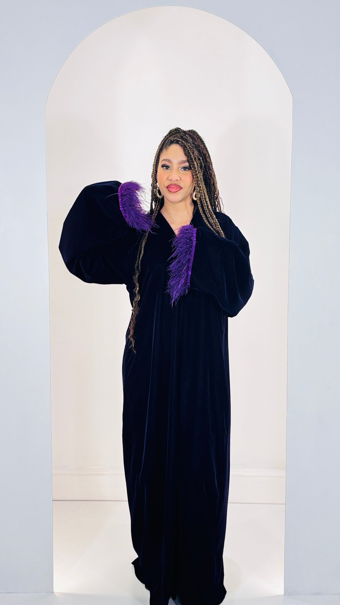 Luxurious Midnight Velvet Abaya with Royal Purple Ostrich Feather Trim