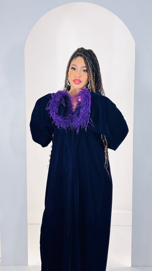 Luxurious Midnight Velvet Abaya with Royal Purple Ostrich Feather Trim
