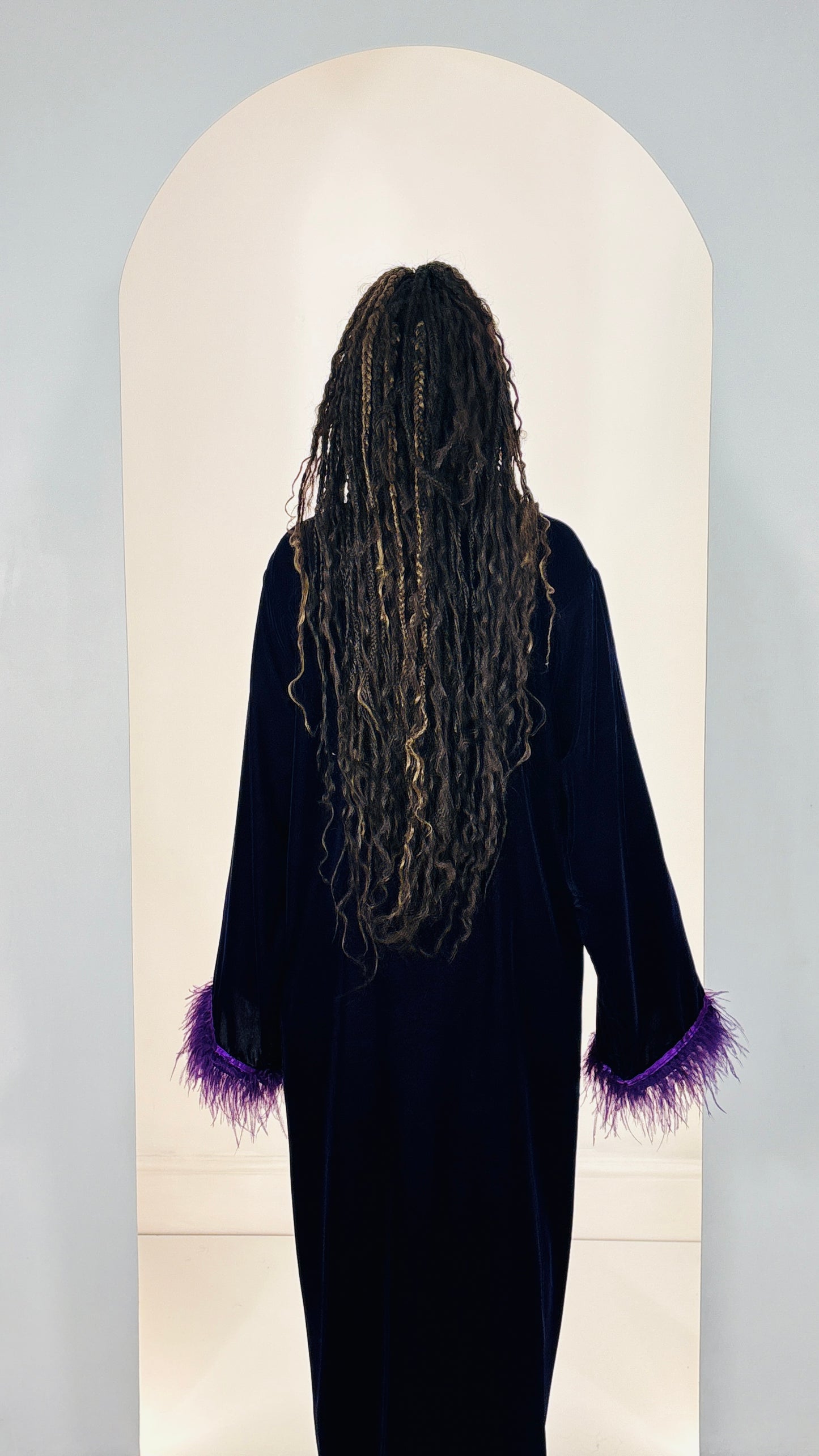 Luxurious Midnight Velvet Abaya with Royal Purple Ostrich Feather Trim