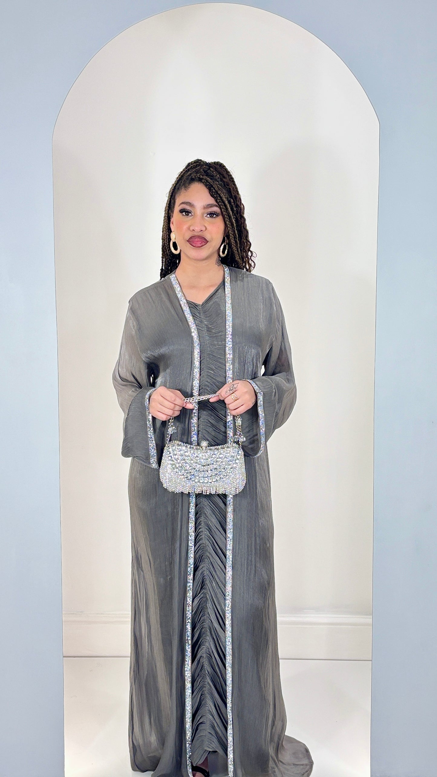 Elegant Charcoal Grey Shimmer Organza Abaya