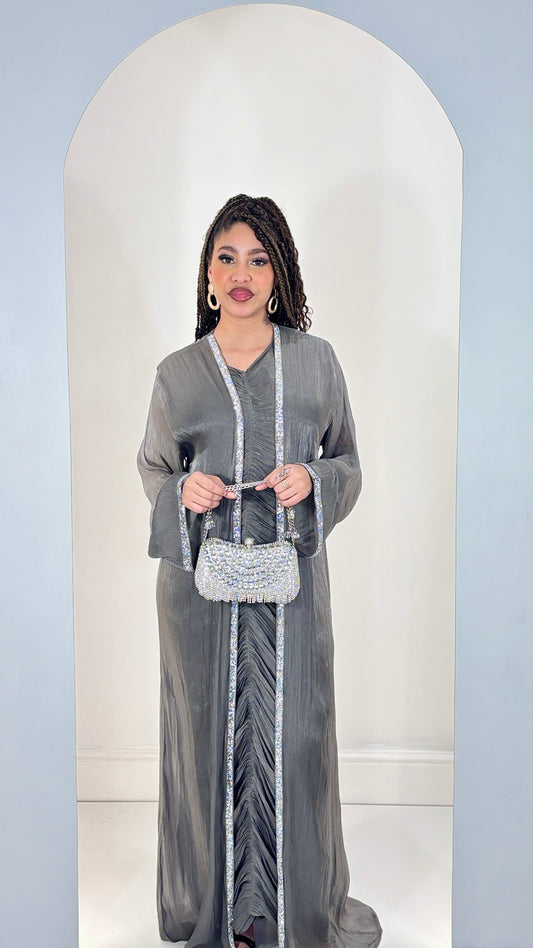 Elegant Charcoal Grey Shimmer Organza Abaya