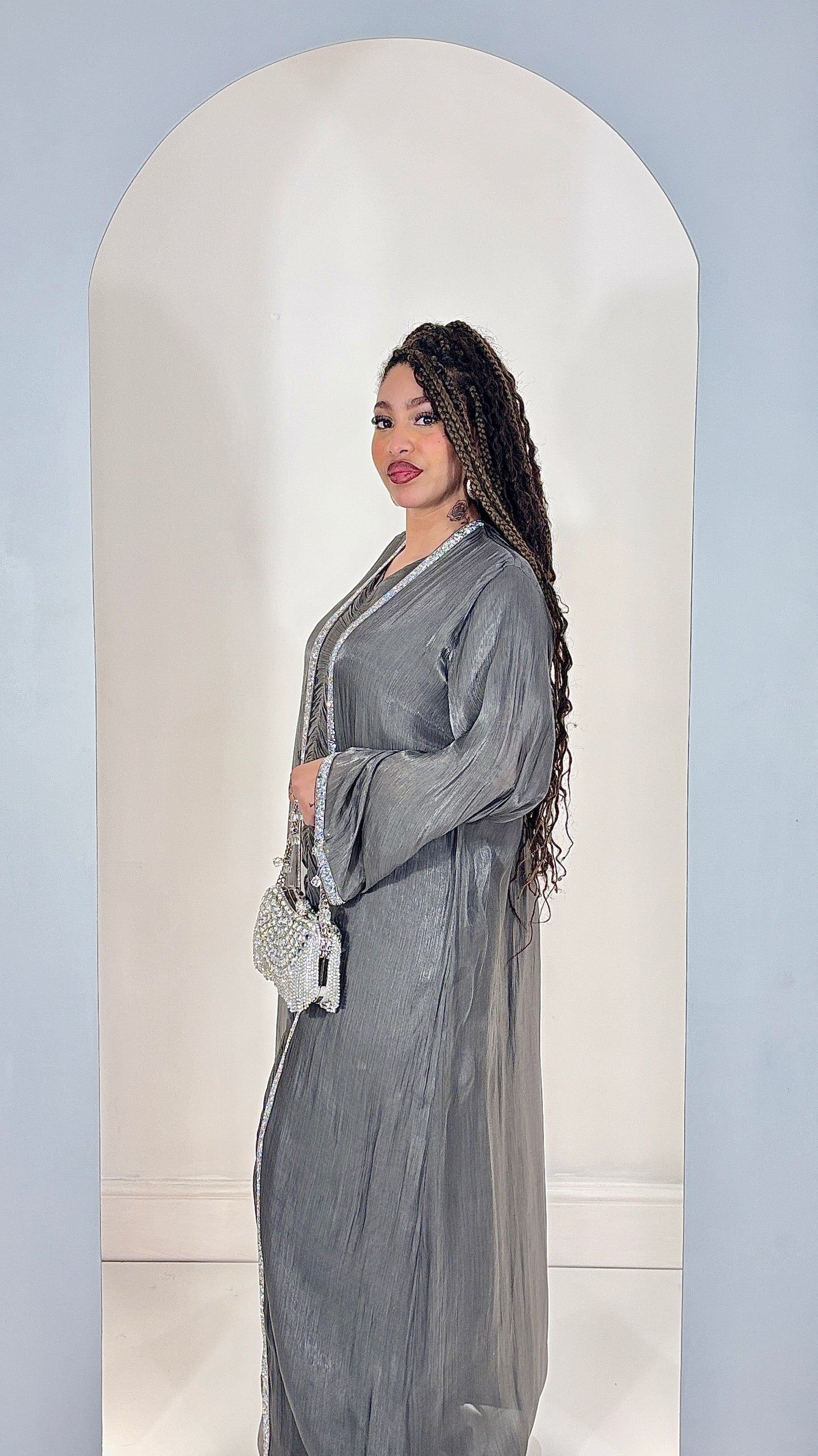 Elegant Charcoal Grey Shimmer Organza Abaya