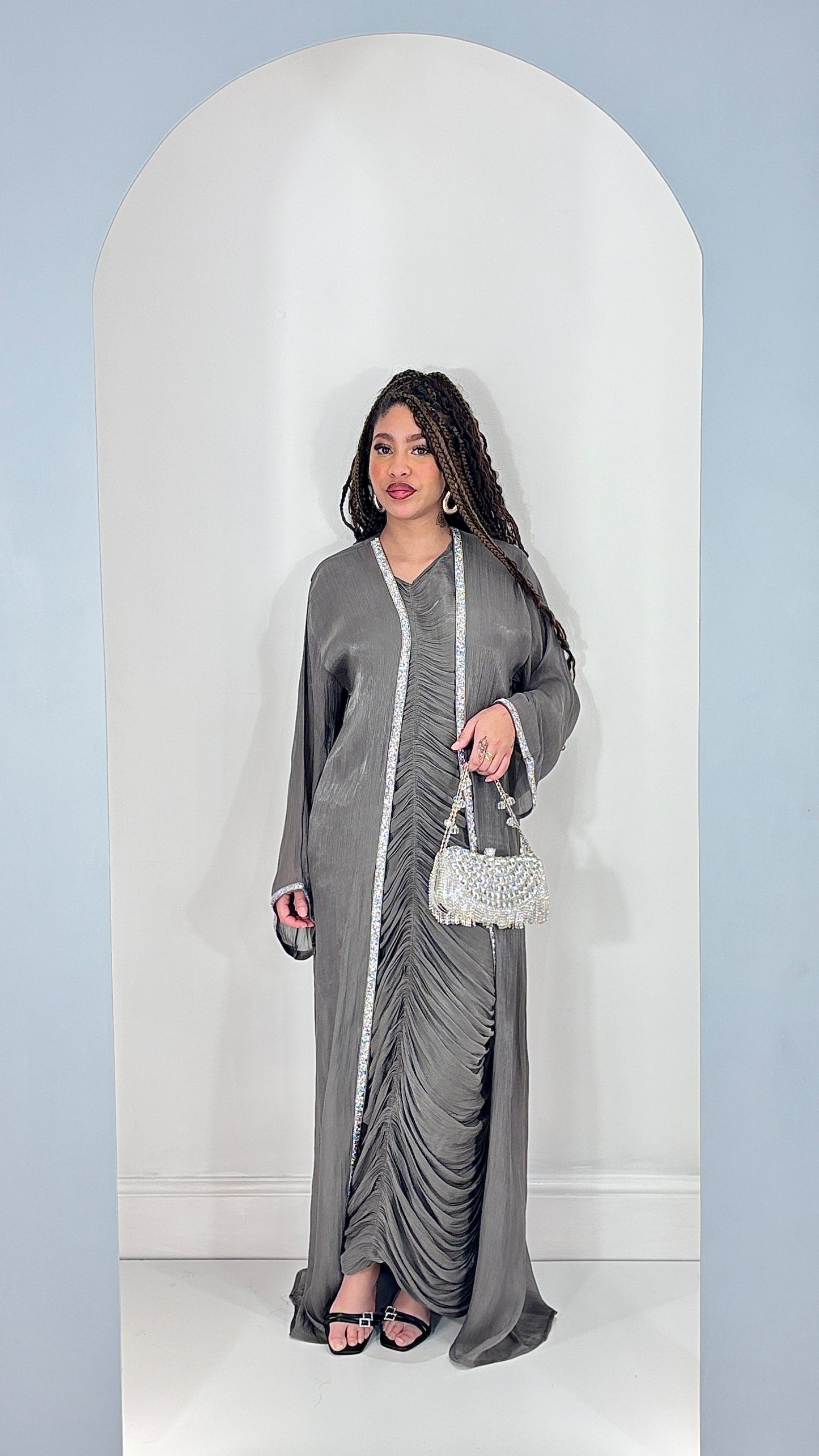 Elegant Charcoal Grey Shimmer Organza Abaya