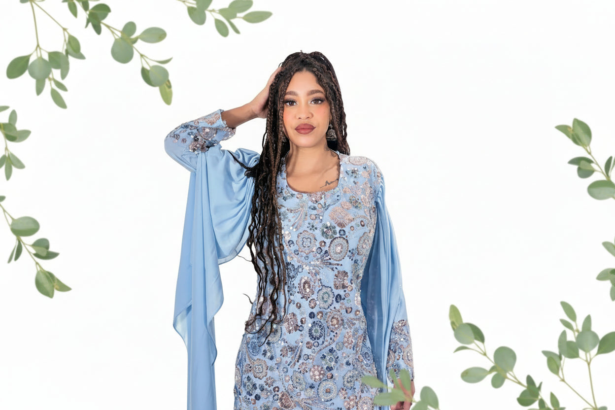 Sky Blue Regal Crepe Elegant Gown