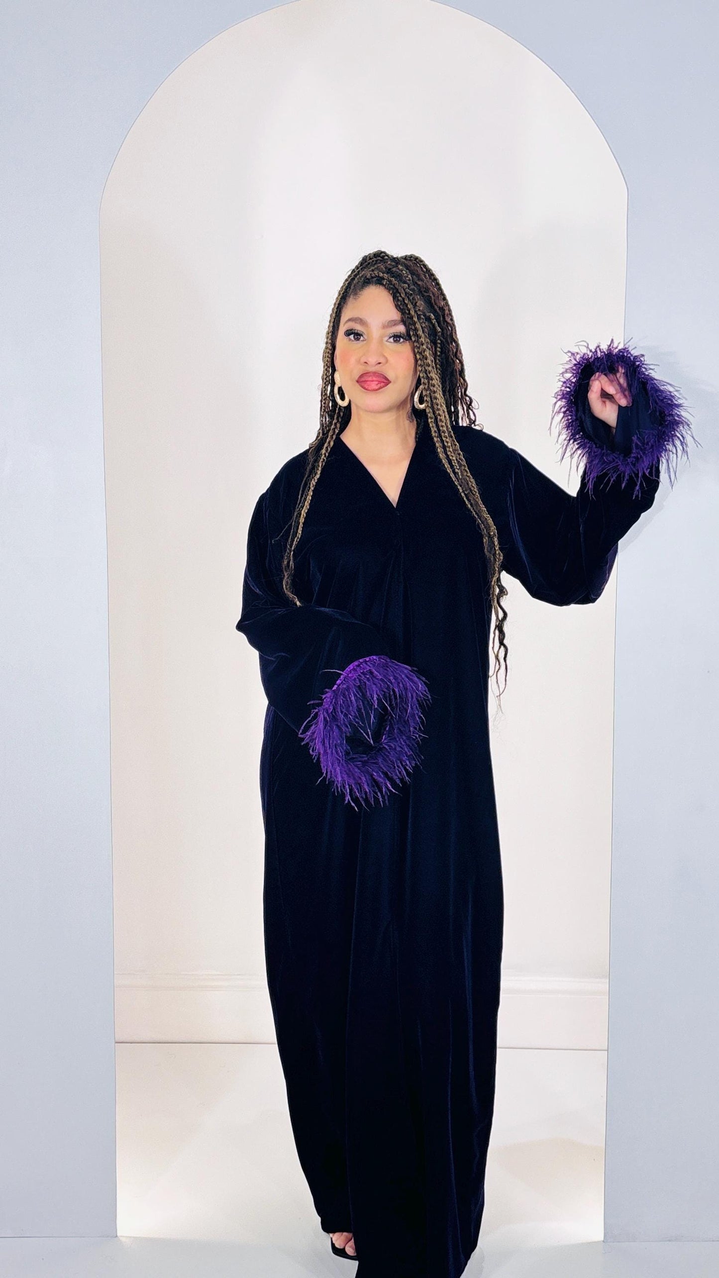 Luxurious Midnight Velvet Abaya with Royal Purple Ostrich Feather Trim