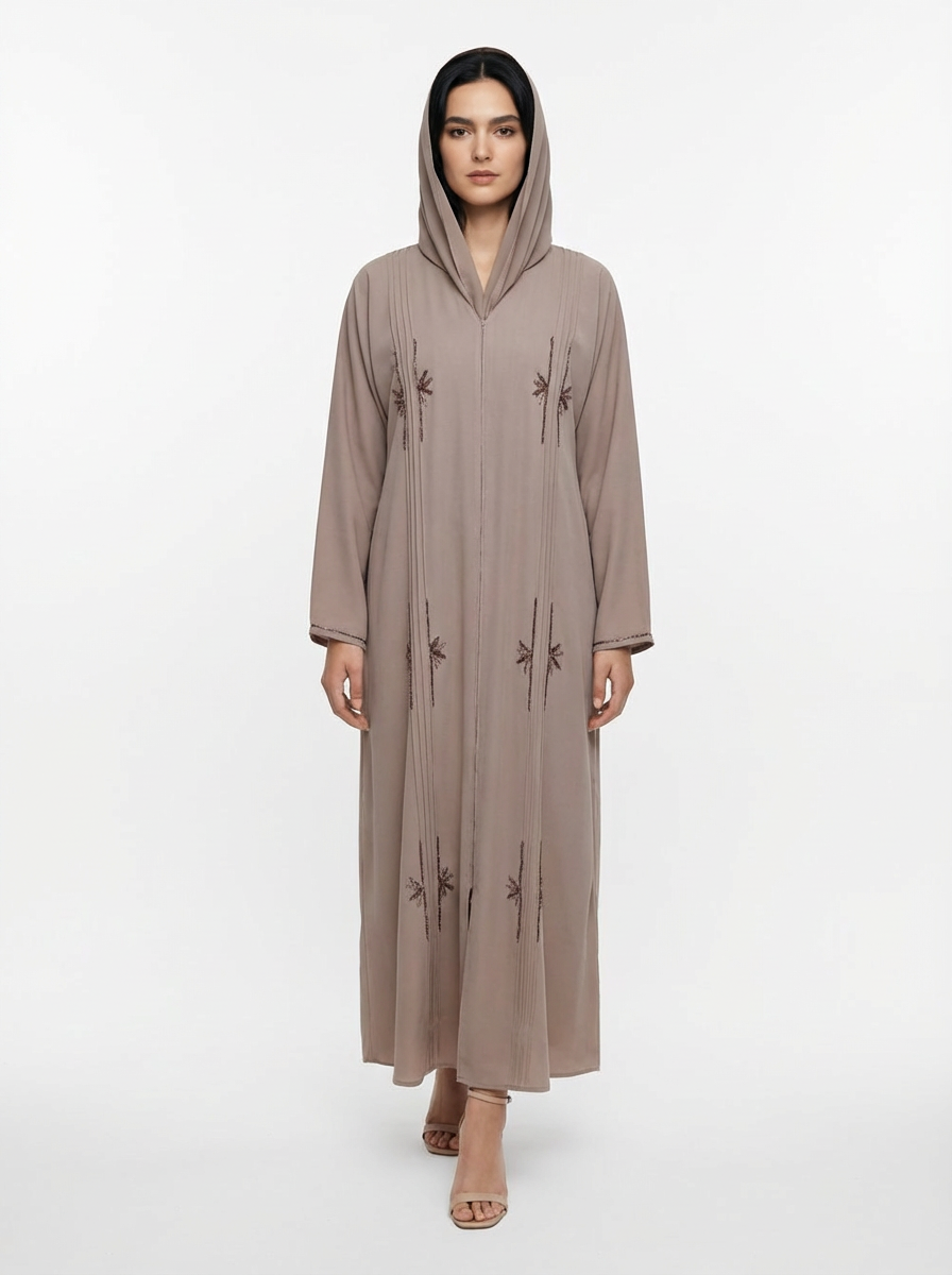 "Desert Rose" Hand-Beaded Dubai Neda Abaya – Signature Rosy Brown Edition