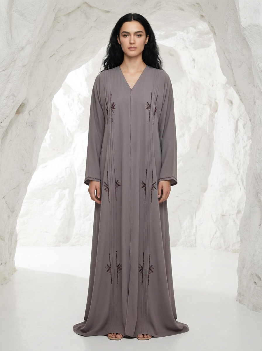 "Desert Rose" Hand-Beaded Dubai Neda Abaya – Signature Rosy Brown Edition