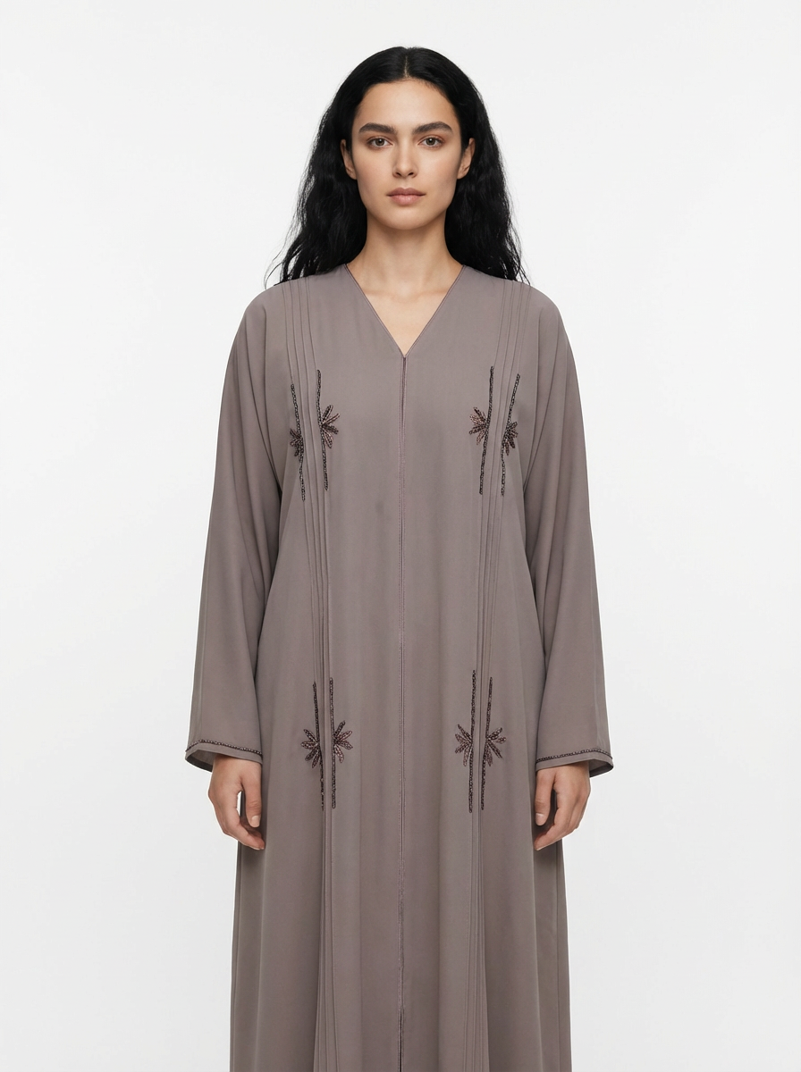 "Desert Rose" Hand-Beaded Dubai Neda Abaya – Signature Rosy Brown Edition