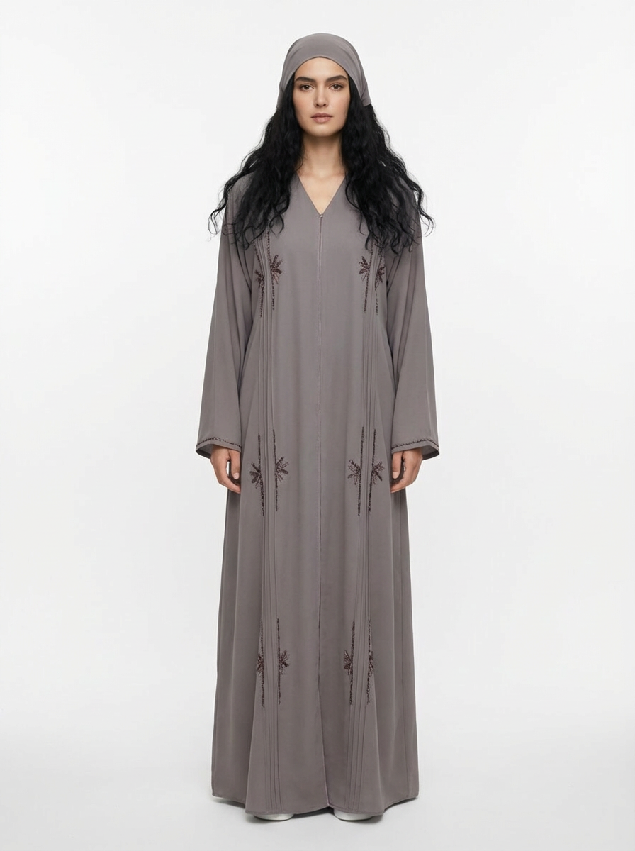"Desert Rose" Hand-Beaded Dubai Neda Abaya – Signature Rosy Brown Edition