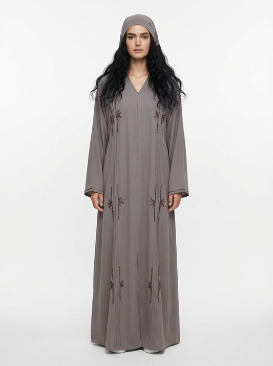 "Desert Rose" Hand-Beaded Dubai Neda Abaya – Signature Rosy Brown Edition